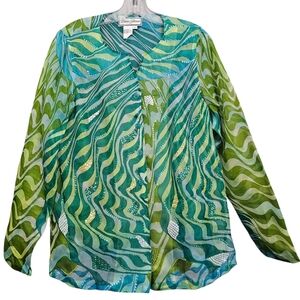 Nwt Diane Gilman Silk/Sequined Longsleeve Abstract Swirls Aqua/Green/Blue Blouse